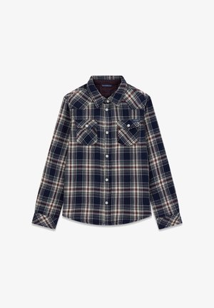 Mörkblå, röd och vit rutigt långärmad skjorta. Tillverkad av flanell med två bröstfickor och knäppning. Standard kragsdesign.