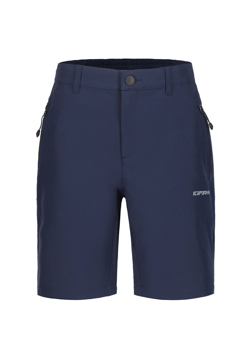 Pantalones cortos azul marino con cintura elástica, dos bolsillos laterales con cremallera y un pequeño logotipo impreso en el lado derecho delantero. Tejido suave y ligero.