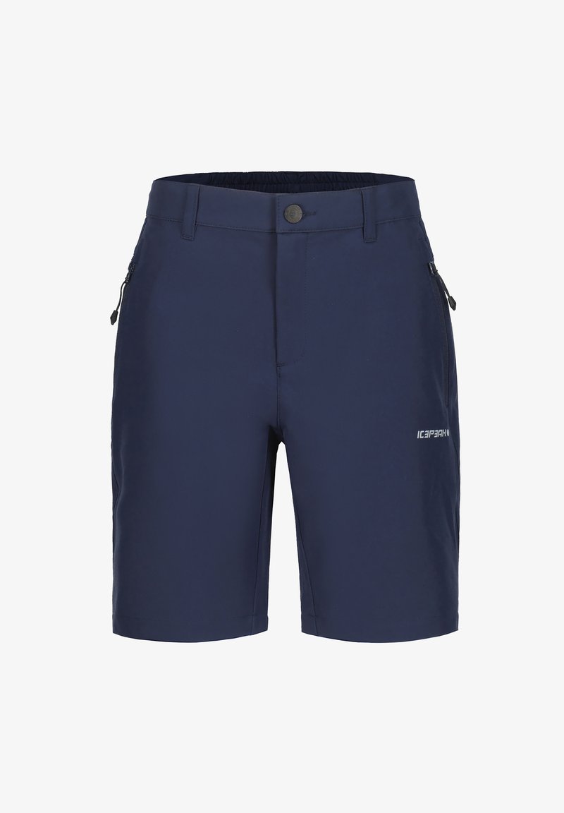 Marineblaue Shorts mit einem elastischen Bund, zwei mit Reißverschluss versehenen Seitentaschen und einem kleinen Logo-Print auf der Vorderseite rechts. Glattes, leichtes Material.