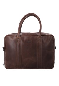 Brown leather laptop bag with two rounded handles, a zip closure, and visible stitching details on the front and sides.