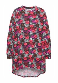 Maglietta a manica lunga, dal fit loose, di colore nero con un vivace motivo di labbra rosa e testo colorato. Presenta un colletto rotondo e un orlo asimmetrico.