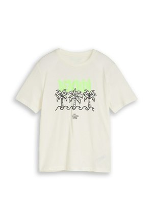 Gebroken witte T-shirt met korte mouwen met zwarte palmbomen, groene tekst erboven en "ALL SUMMER LONG" onder de bomen gedrukt.