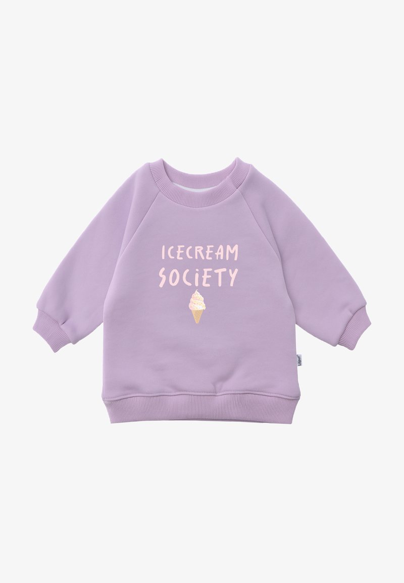 Lila Sweatshirt mit Raglanärmeln, versehen mit dem Text "ICECREAM SOCIETY" und einer Eistüten-Grafik in pastellfarben.