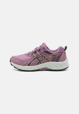 Chaussure de course Asics Gel-Venture 9 violette avec logo noir et beige et semelle blanche, vue de côté extérieur sur fond uni.