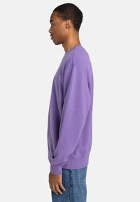 Felpa viola a girocollo, in misto cotone, con polsini a coste, vestibilità rilassata, vista laterale, indossata con jeans in denim blu.
