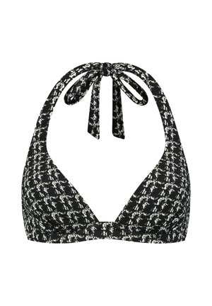 Top bikini a triangolo con motivo in bianco e nero, con collo all'americana, coppe triangolari e tessuto testurizzato, progettato per una silhouette aderente.