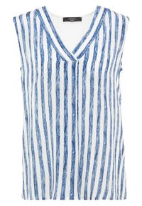 Top sin mangas a rayas azules y blancas con diseño en pico. Hecho de una tela suave, con patrones de pinceladas desiguales en líneas verticales.