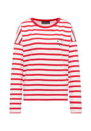 Long-sleeve white shirt with horizontal red stripes, red neckline, and small circular black logo on the upper left chest.