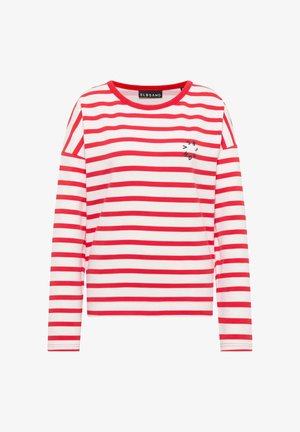 Langärmliges weißes Hemd mit horizontalen roten Streifen, rotem Halsausschnitt und kleinem schwarzen runden Logo auf der oberen linken Brust.