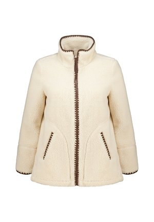 Crème-kleurige fleecejack met een hoge kraag, twee zijzakken en contrasterende bruine rits en stikdetails.