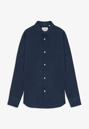 Dark navy long-sleeve shirt made of textured fabric. Features a classic collar, front button closure, and rounded hem with side slits.