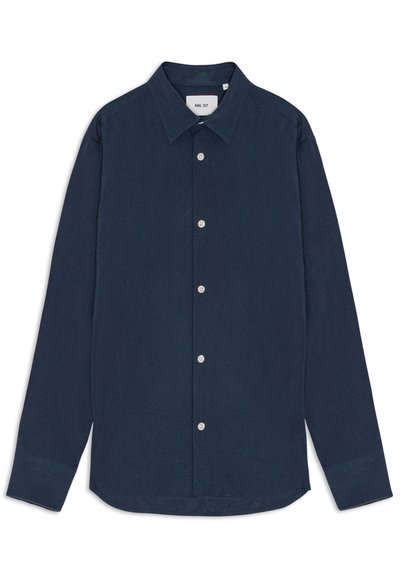 Dark navy long-sleeve shirt made of textured fabric. Features a classic collar, front button closure, and rounded hem with side slits.