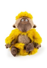 Plush monkey toy with a brown body, yellow fur accents, large eyes, and a small orange nose. Soft, textured materials throughout.