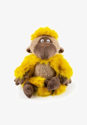 Plush monkey toy with a brown body, yellow fur accents, large eyes, and a small orange nose. Soft, textured materials throughout.