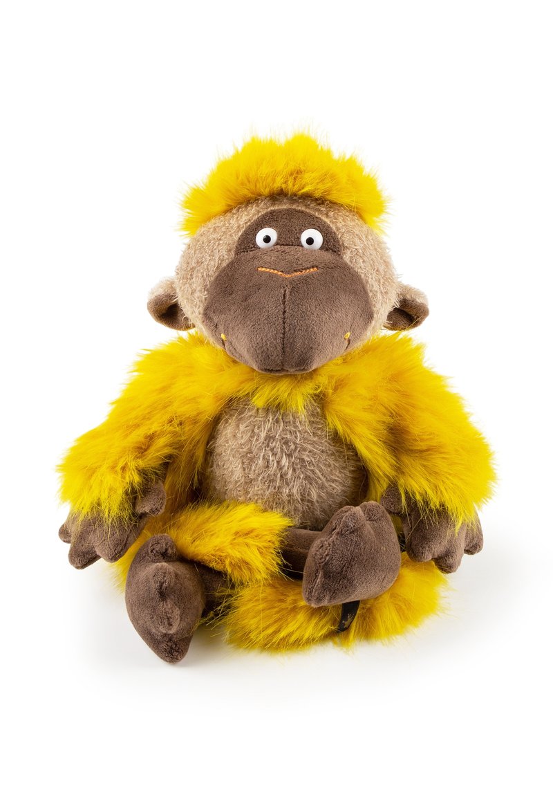 Plush monkey toy with a brown body, yellow fur accents, large eyes, and a small orange nose. Soft, textured materials throughout.
