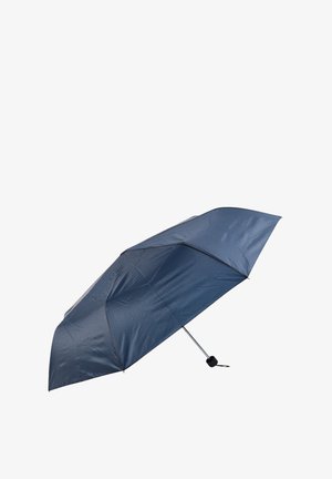 Ombrello pieghevole blu con un rivestimento liscio e leggermente lucido, aste in metallo e manico in plastica nera. Design compatto per una facile portabilità.