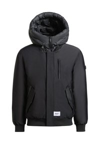 Chaqueta acolchada negra con una gran capucha, cierre frontal de cremallera y múltiples bolsillos con cremallera. Puños y dobladillo acanalados. Tejido exterior suave.