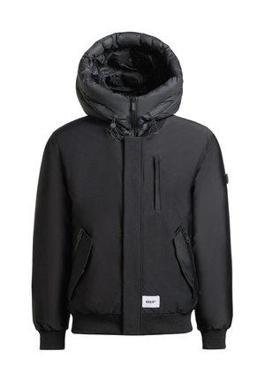 Giacca imbottita nera con un ampio cappuccio, zip frontale e molteplici tasche con zip. Polsini e orlo a coste. Tessuto esterno liscio.