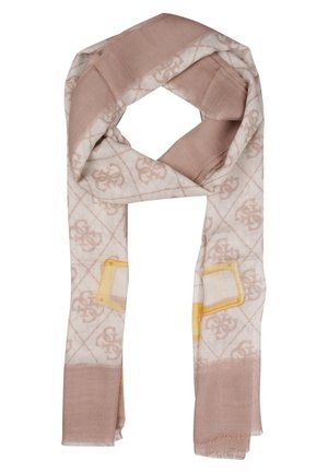 Lichtroze en beige sjaal met een subtiel herhalend logopatroon en gele rechthoekige accenten, losjes gevouwen weergegeven.