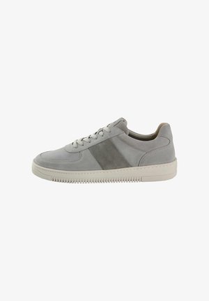 Light gray suede sneaker with a smooth finish, featuring a darker gray side panel, round laces, and a textured rubber sole.