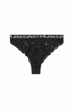 Zwarte kanten string met bloemmotieven, golvende randen en een elastische tailleband met het "FRANK DANDY" logo in het wit.