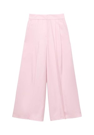 Pantaloni rosa chiaro a gamba larga con vita alta, pieghe frontali e tasche laterali, mostrati su uno sfondo bianco.