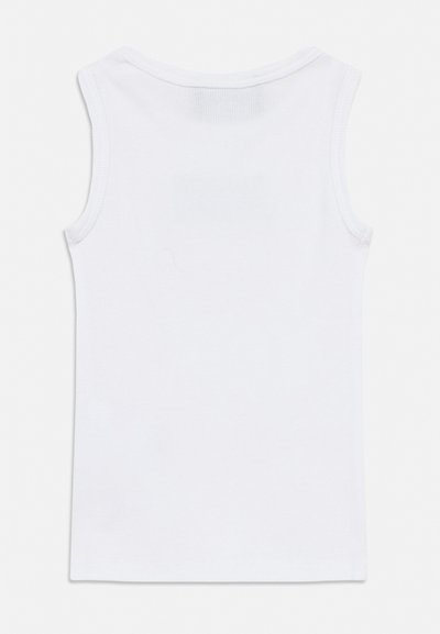 Wit mouwloos geribd tanktopje met ronde hals, gezien van achteren tegen een effen achtergrond.