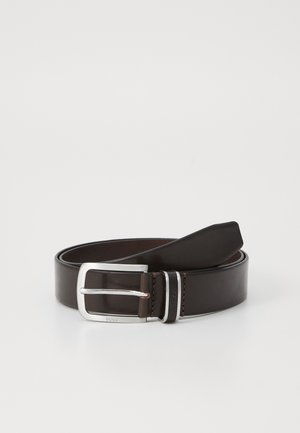 Brown leather belt with a shiny silver buckle, featuring a smooth texture and simple design. Logo engraved on the buckle.