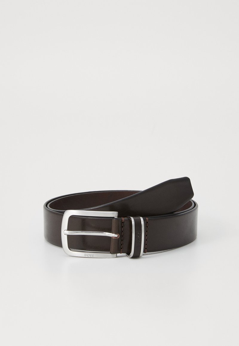 Brown leather belt with a shiny silver buckle, featuring a smooth texture and simple design. Logo engraved on the buckle.