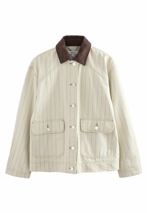Crème jas met verticale strepen, konijnkleurige corduroy kraag, sluiting met voorknop, twee opgestikte zakken met knopenflappen, zachte textuur.
