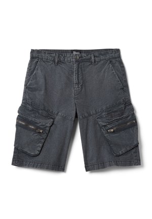 Short cargo gris foncé avec poches avant, passants de ceinture, fermeture par bouton et poches à rabat zippées sur chaque cuisse.
