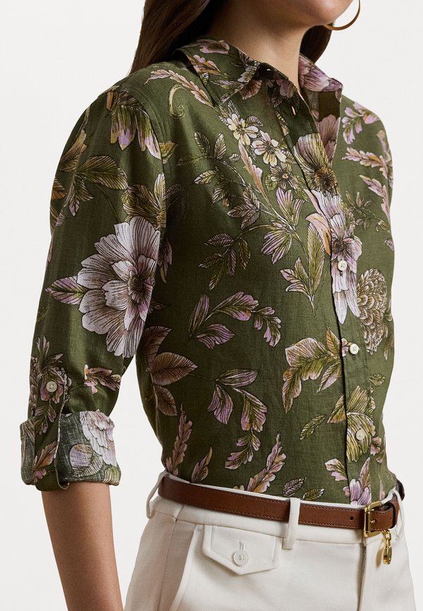 RELAXED FIT FLORAL LINEN SHIRT - Button-down blouse - olive2