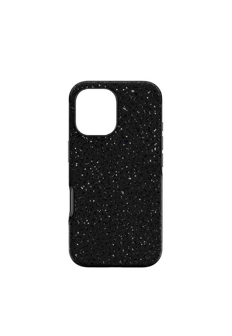 Coque de téléphone noire avec une surface texturée, ornée d'accents de paillettes dispersés, découpe carrée pour l'appareil photo et bords arrondis pour une prise en main facile.