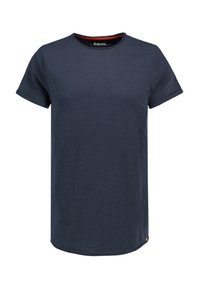 Navy blue short-sleeve T-shirt with a crew neck, soft texture, curved hem, and subtle red accent at the collar. Clean, minimalist design.