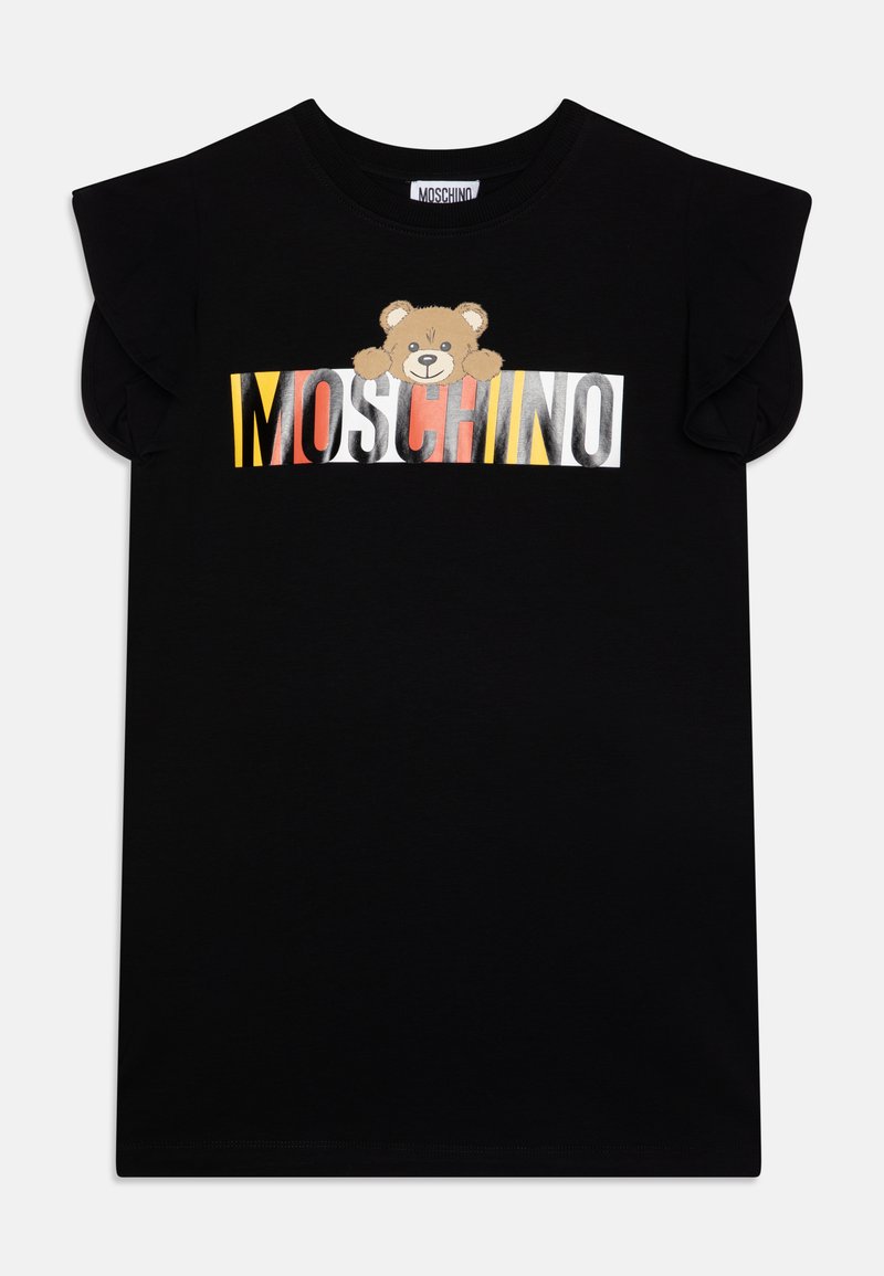 T-shirt preta de algodão com mangas curtas em babados, apresentando uma ilustração de um urso e o logótipo "MOSCHINO" em letras multicoloridas.