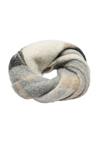 Wełniany szal nieskończoność w kolorach szarym, kremowym i miękkim beżowym. Charakteryzuje się skręconym wzorem z różnorodnymi teksturami i detalami szwów.