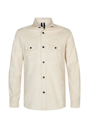 Beige long-sleeve shirt with a subtle texture, featuring two chest pockets, button closure, and brown buttons for accents.