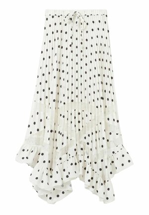 Falda blanca plisada con lunares negros, dobladillo con volantes y diseño asimétrico alto-bajo con cintura ajustable con cordón.