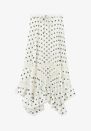 Jupe blanche plissée à pois noirs, ourlet à volants et design asymétrique haut-bas avec taille à cordon.