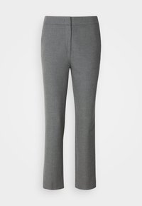 Pantalon habillé gris à coupe droite avec taille mi-haute et couture frontale, présenté sur un fond blanc uni.