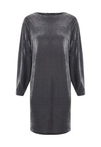 Graues Samtkleid mit langen Ärmeln, runder Ausschnit und lockerer Passform. Glatte Textur und knielanges Design. Keine Muster oder Akzente.