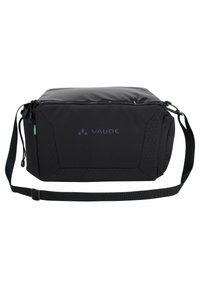 Borsa rettangolare nera realizzata in tessuto resistente, con parte superiore lucida, tracolla regolabile e un sottile motivo geometrico sui lati.