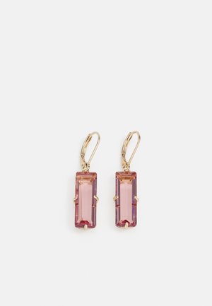 Pair of gold-tone leverback earrings with rectangular pink faceted gemstones set vertically.