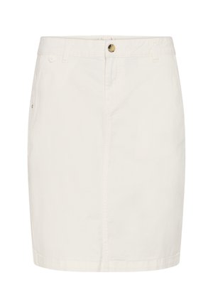 Witte rok tot aan de knieën met broekriemlussen, een knoopsluiting aan de voorkant en subtiele details van een zijzak.