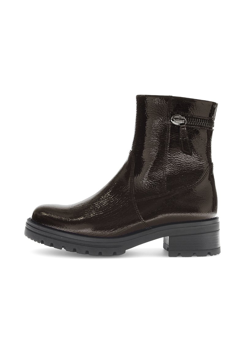 Bottine en cuir marron avec une finition brillante, fermeture éclair et surface texturée. Semelle en caoutchouc robuste avec un talon carré, conçue pour la durabilité.