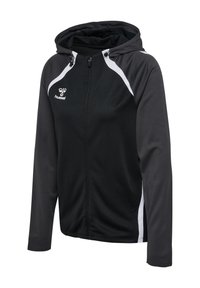 Zwarte sporthoodie met ritssluiting, witte accenten op de schouders, lange mouwen, capuchon en een klein "hummel"-logo op de linkerborst.