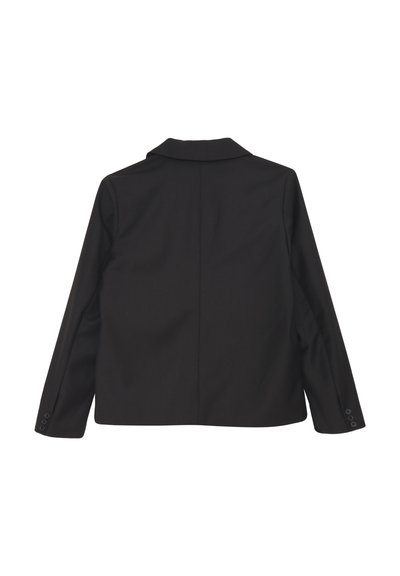 Blazer nero con vestibilità sartoriale, colletto a punte, maniche lunghe e dettagli con bottoni sui polsini. Tessuto liscio e design strutturato.