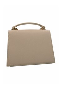 Borsa strutturata beige con manico superiore, materiale sintetico a finitura liscia, accessori in tonalità oro e design minimalista.