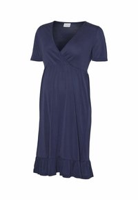 Robe de maternité bleu marine avec manches courtes, corsage portefeuille à col en V, taille empire et ourlet à volants.