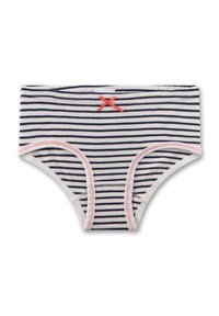 Gestreifter Baumwoll-Slip mit dunkelblauen und weißen horizontalen Streifen, verziert mit einer korallenfarbenen Schleife am Bund und pinken Nähten.